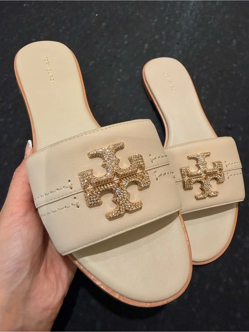 Tory Burch Everly Rhinestone Crystal Logo Slides Sandals Dulce De Leche Size 10